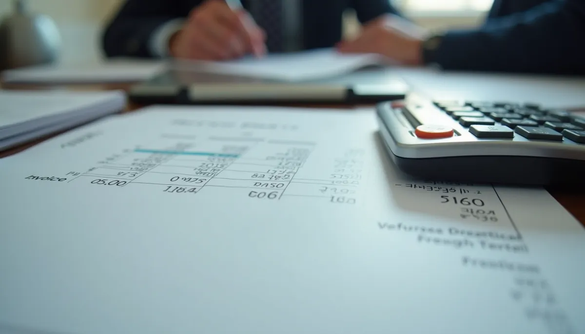 An overdue invoice on a desk beside a calculator