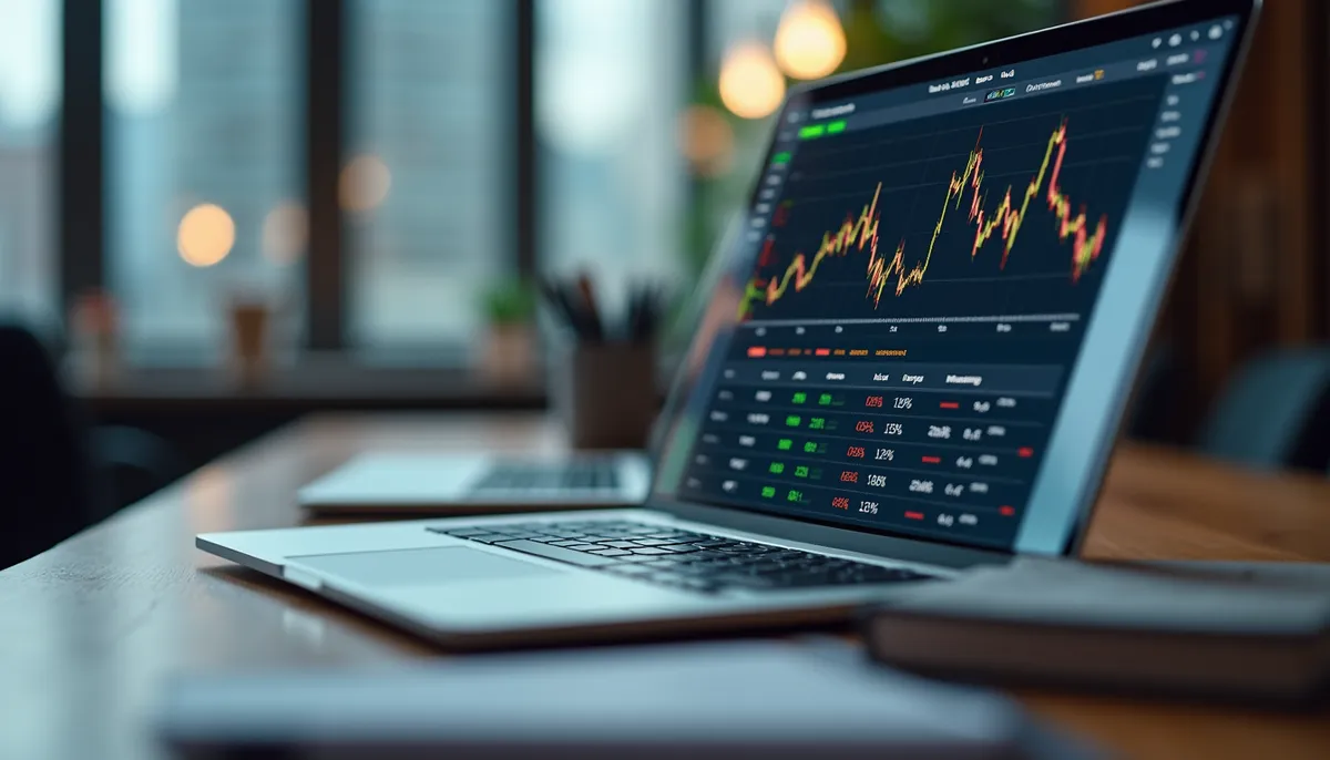 A laptop on a desk displaying financial charts and data dashboards