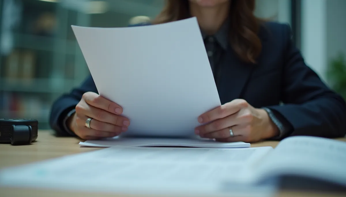 A professional in a suit reviewing documents at a desk