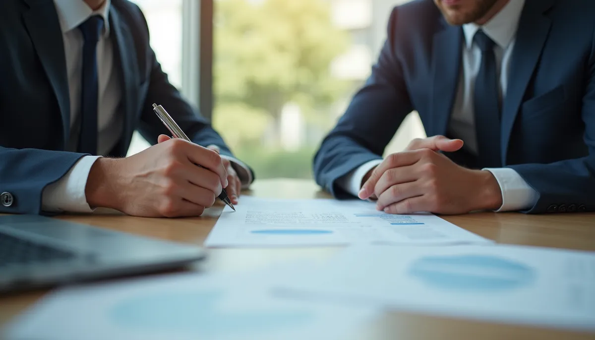 Two professionals discussing figures across a boardroom table